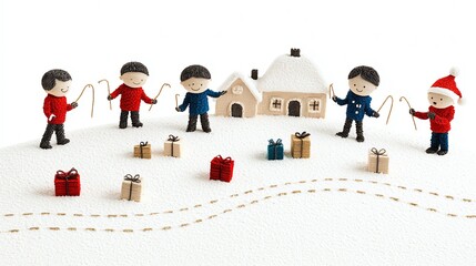 Felt Christmas figures with gifts and house.
