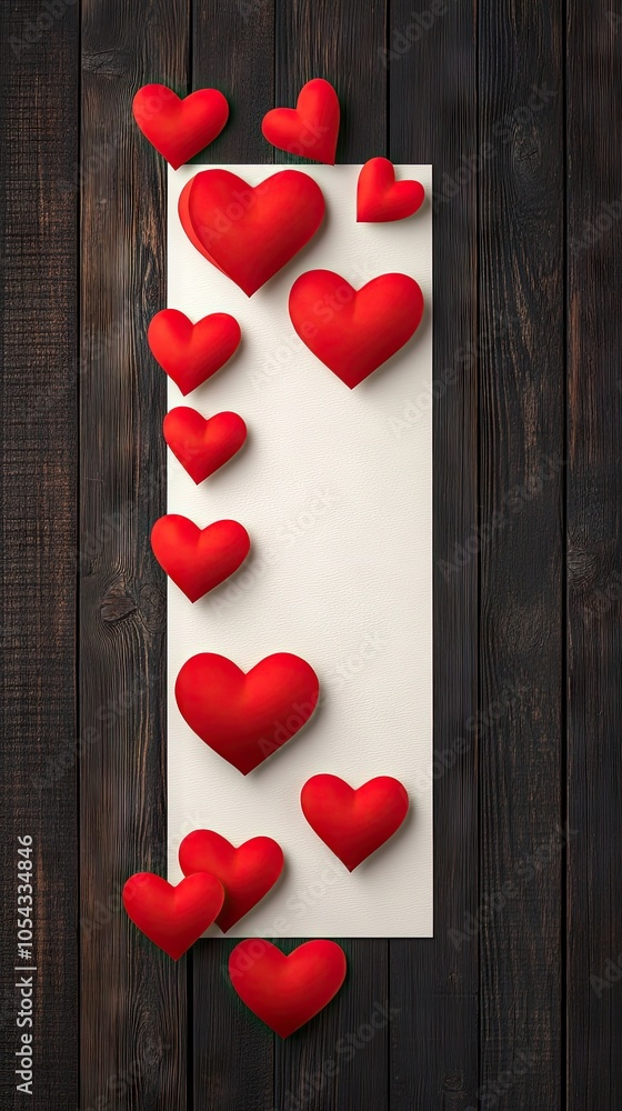 Poster a creative arrangement of a blank card adorned with playful red paper hearts on a rustic dark wooden