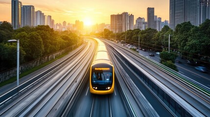 A vibrant sunset illuminates a city skyline as a yellow train travels along elevated tracks, showcasing urban life.