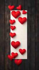 Fototapeta premium A creative arrangement of a blank card adorned with playful red paper hearts on a rustic dark wooden surface from a top view perspective