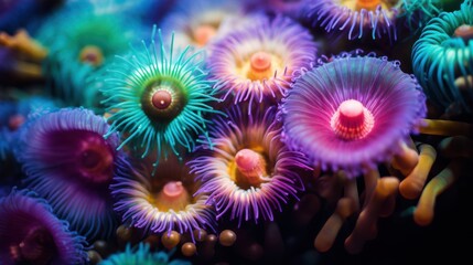 Striking macro shot of vibrant sea anemones glowing with colors, showcasing intricate textures and oceanic beauty.