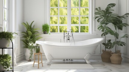 Fototapeta premium Bright bathroom with lush greenery, sunlight streaming through large windows, creating a tranquil spa-like ambiance.