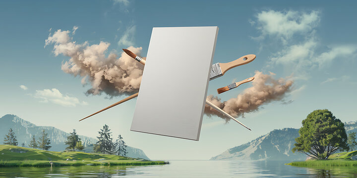 White canvas  brown brushes  and clouds floating over a lake  inspiring creativity and artistic expression   
