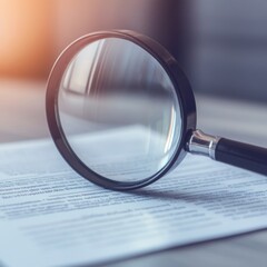 Fototapeta premium A magnifying glass resting on printed text, suggesting examination or analysis.