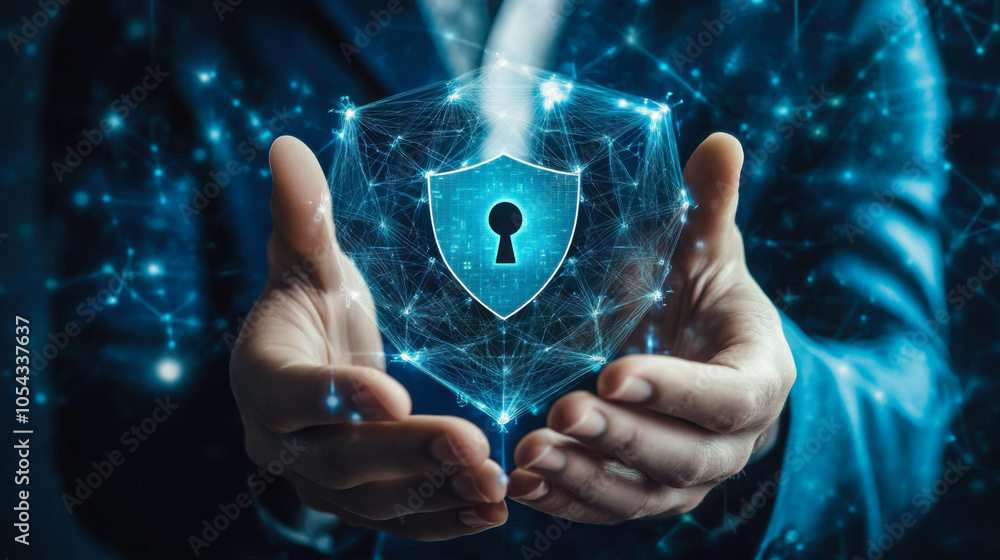 Poster a person holds a digital shield symbolizing cybersecurity amidst a network of data connections in a 