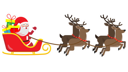 Fototapeta premium Santa claus with reindeer, sleigh and christmas gift boxes with transparent background, greeting card