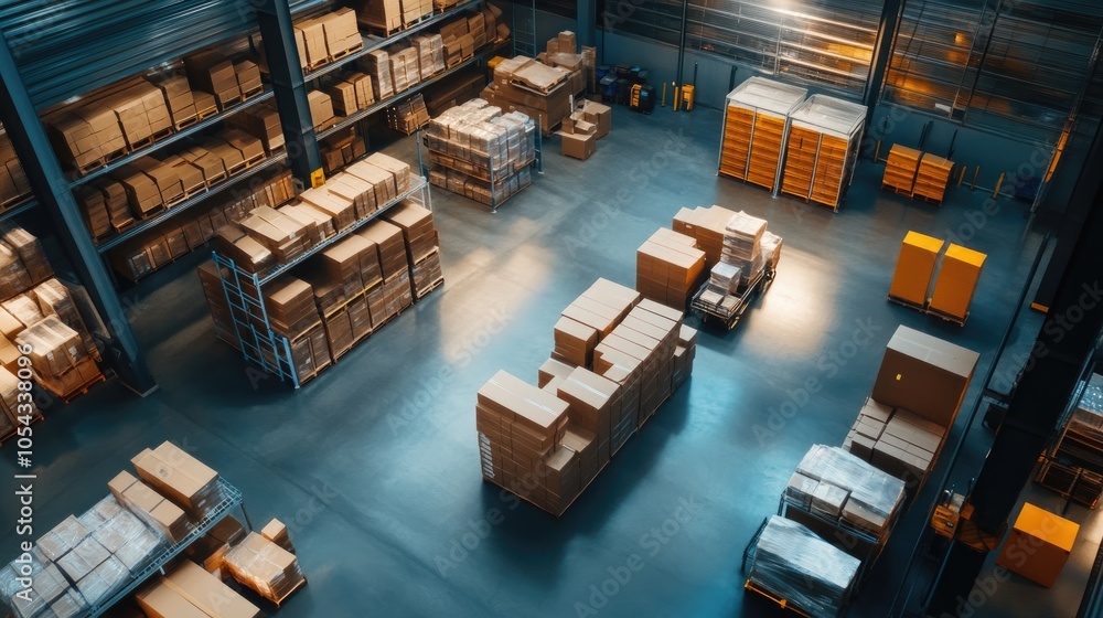 Poster aerial view of a large warehouse filled with neatly stacked boxes and pallets, showcasing organized 