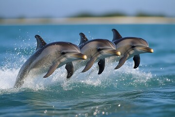 Fototapeta premium Playful dolphins jumping in ocean
