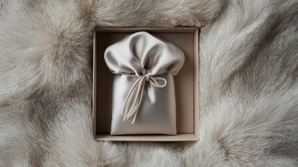 Obraz premium A close-up of a premium gift box containing a silky pouch, with a background of lush faux fur, capturing the essence of warmth, comfort, and elegance in luxury gifting.