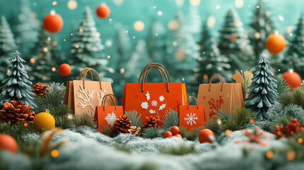 Christmas decorations on a wooden background with festive ornaments and tree branches