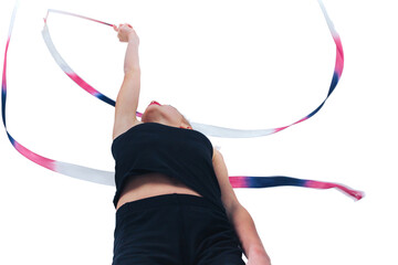 Close-up of a young teenage girl with a flying ribbon in motion. Rhythmic gymnastics.