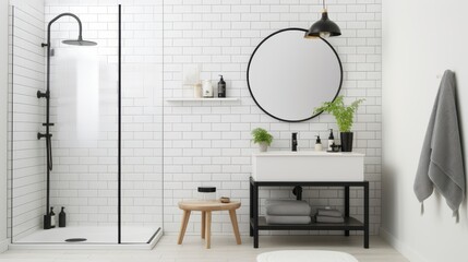 Fototapeta premium Sleek bathroom with white subway tiles, a minimalist sink, round mirror, and lush green plants exuding elegance and calm.