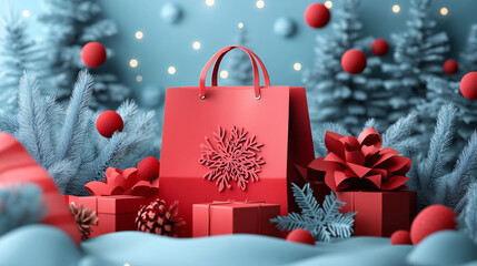 Christmas gift boxes with ribbons and snow in a festive winter holiday setting