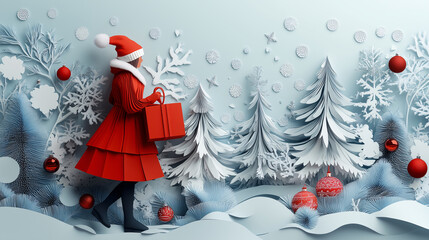 Christmas shopping in festive winter scene