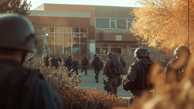 a school on lockdown, surrounded by armed police in front of the school.