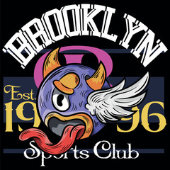 Design of a creature with one eye, wings and a devilish tongue in an urban skateboard tattoo style, horns and texts in a background with numbers and aspects of a school or university, cities