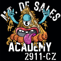 Urban pizza illustration with tongue and hands up, bright colors with urban and city texts with numbers in college style, grunge skateboard designs and evoking the current lifestyle.