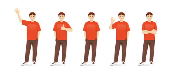 Young teenage man in casual clothes standing in different poses. Isolated vector illustration set
