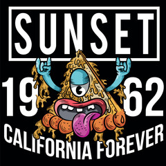 Urban pizza illustration with tongue and hands up, bright colors with urban and city texts with numbers in college style, grunge skateboard designs and evoking the current lifestyle.