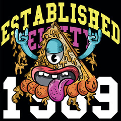 Urban pizza illustration with tongue and hands up, bright colors with urban and city texts with numbers in college style, grunge skateboard designs and evoking the current lifestyle.