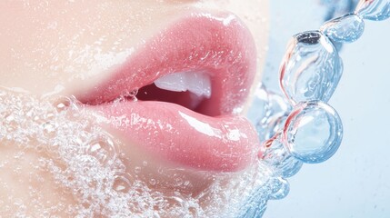 Fototapeta premium A close-up of perfectly hydrated lips immersed in water, with delicate bubbles surrounding them, symbolizing purity, moisture, and rejuvenation.