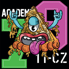 Urban pizza illustration with tongue and hands up, bright colors with urban and city texts with numbers in college style, grunge skateboard designs and evoking the current lifestyle.