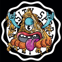 Obraz premium Urban pizza illustration with tongue and hands up, bright colors with urban and city texts with numbers in college style, grunge skateboard designs and evoking the current lifestyle.