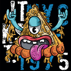 Urban pizza illustration with tongue and hands up, bright colors with urban and city texts with numbers in college style, grunge skateboard designs and evoking the current lifestyle.