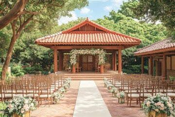 Fototapeta premium Elegant outdoor wedding ceremony held at a traditional pavilion featuring wooden chairs and a tiled roof set in a natural park with lush greenery and open sky