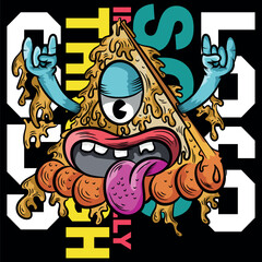 Urban pizza illustration with tongue and hands up, bright colors with urban and city texts with numbers in college style, grunge skateboard designs and evoking the current lifestyle.