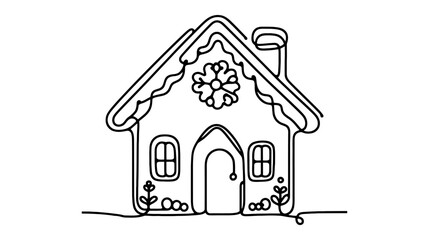 One continuous line illustration of a gingerbread house, isolated on white background.