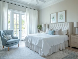 Fototapeta premium Guest room with a white bed, blue accent chair, and light white curtains