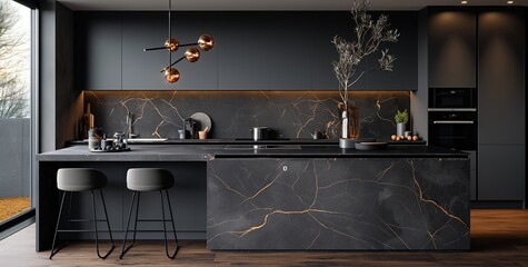 Modern kitchen interior featuring sleek black marble surfaces and stylish lighting in a contemporary home during daytime