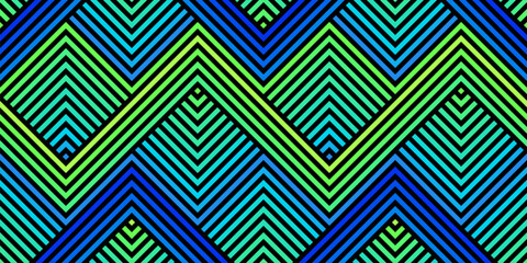 Vector geometric seamless pattern with zigzag lines, stripes, chevron, halftone effect. Abstract urban sport style graphic texture. Trending Y2K background design. Vibrant neon green blue gradient