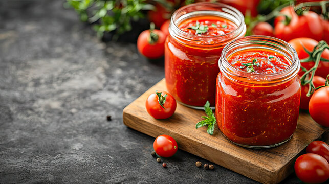 Canned Spicy Tomato Adjika on Wooden Board