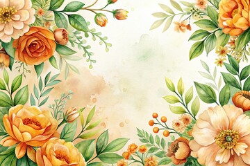 Obraz premium Watercolor art background of high angle orange, green, and beige flowers with stems and leaves