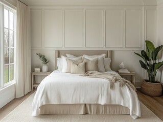 Guest room with clean white walls, a cream bed, and neutral-colored accessories