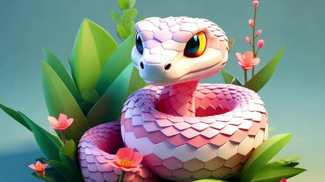 The snake is the symbol of year 2025. A cute little snake with big eyes in a summer forest, with grass and flowers. Calendar new year 2025.