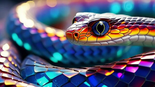 The snake is the symbol of year 2025. A cute little snake with big eyes with sparkling scales and precious stones, sparks. Calendar new year 2025.