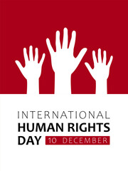 Fototapeta premium Text International Human Rights Day, 10 december and people hands on red background. Vector design for poster, card or banner for International Human Rights Day.