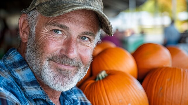 A man in a plaid shirt and a baseball cap smiles at the camera, with pumpkins behind him.