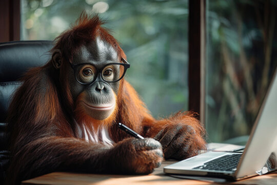 An endearing orangutan with glasses sits at a desk, seemingly engaged in work on a laptop. The scene combines curiosity and humor with a touch of professionalism.
