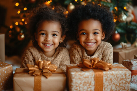Smiling children celebrate Christmas with gifts under the tree