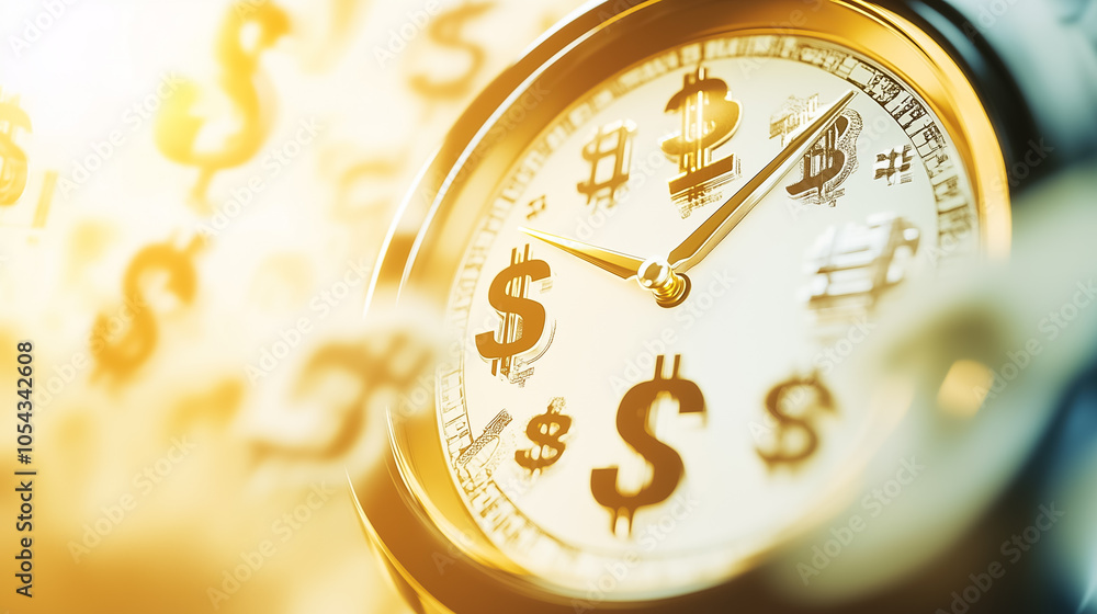 Poster a unique clock design features dollar signs, blending the concepts of time and money in a striking v
