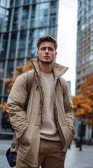 Fototapeta premium Attractive and elegant young man, posing in modern style on an urban street in Poland in autumn.