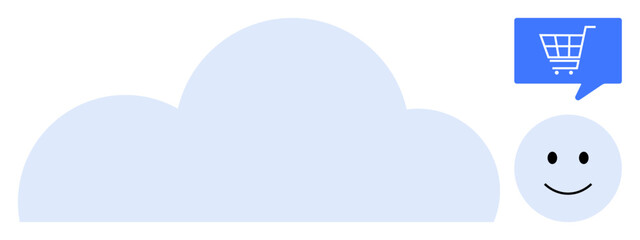 Large blue cloud symbolizing cloud computing accompanied by a shopping cart icon and a smiling face. Ideal for e-commerce, technology services, cloud storage, digital marketing, online shopping