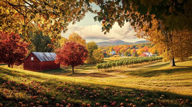A red barn sits on a grassy hill in a picturesque autumn scene