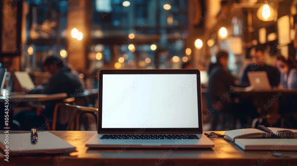 Poster a laptop sits open on a wooden table in a bustling coffee shop, illuminated by warm lights. other cu