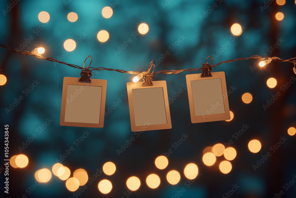Poster blank photo frames hanging on string lights with bokeh background