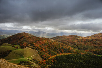 Dramatic sky over Valnerina mountains in an autumn day, Umbria, Italy